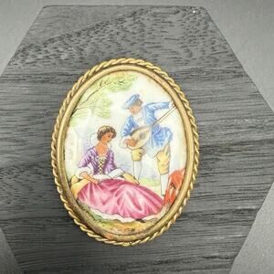 Antique Limoges France Hand Painted Porcelain Brooch Oval Romantic Couple Vgt